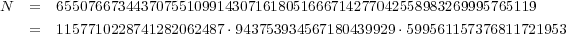 N = 655076673443707551099143071618051666714277042558983269995765119
= 1157710228741282062487⋅943753934567180439929⋅599561157376811721953